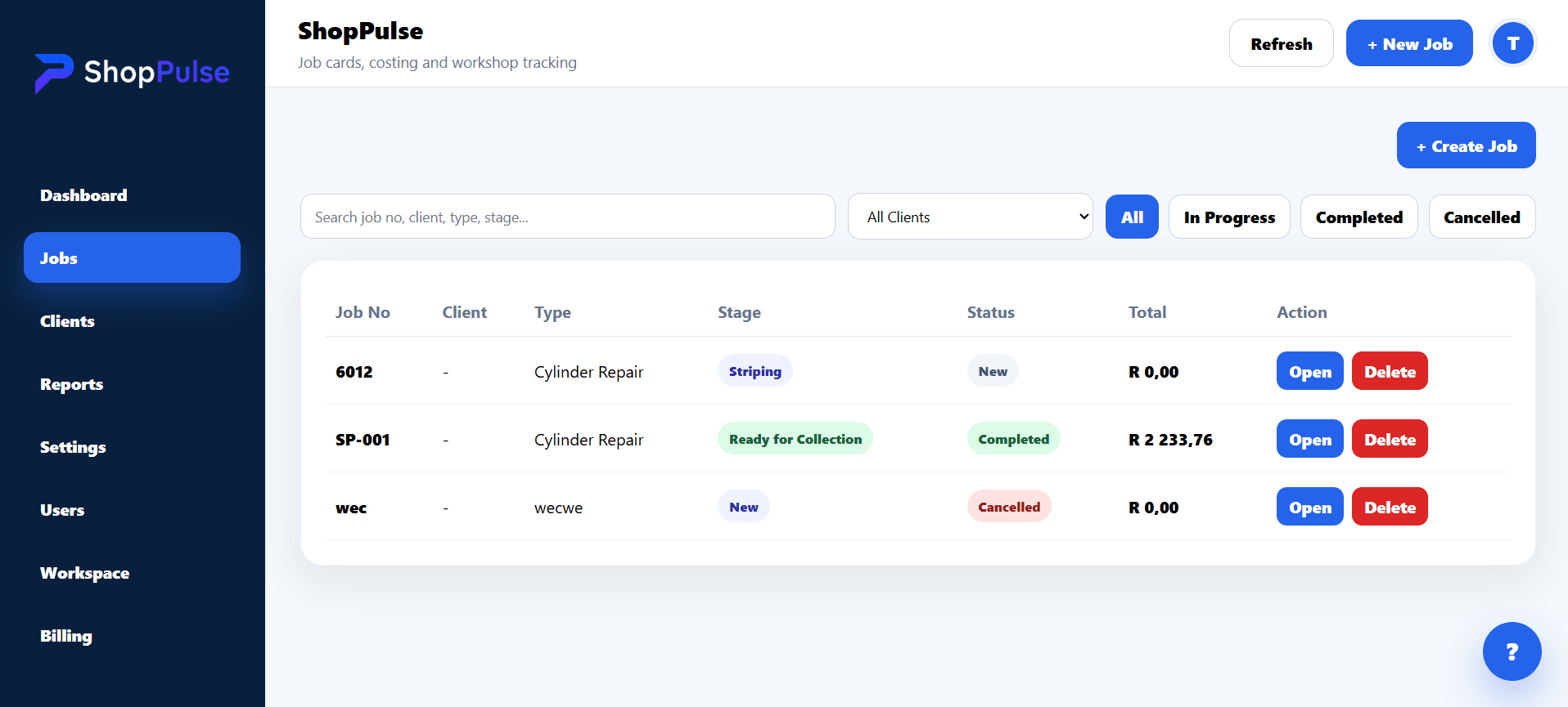 ShopPulse job control screen